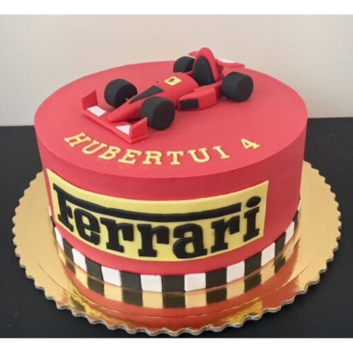 Ferrari-themed designer cake with intricate car details and vibrant red frosting, perfect for automotive enthusiasts and special celebrations