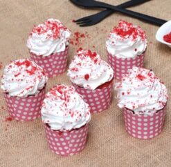 Red Velvet Cupcakes: Rich red velvet cupcakes with smooth cream cheese frosting, perfect for celebrations or a sweet indulgence.