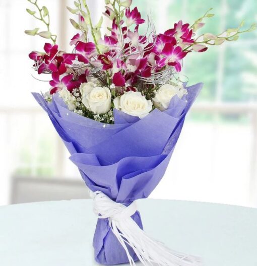 Beautiful Roses with Orchids Bouquet featuring a stunning arrangement of fresh roses and elegant orchids, ideal for a perfect gift or special occasion.