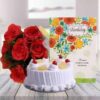 Pineapple Cake with Greeting Card & Bouquet: A delicious pineapple cake accompanied by a beautiful bouquet and a personalized greeting card.