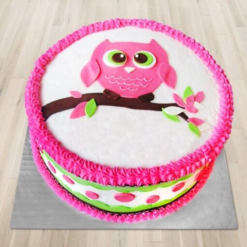 Owl Designer Cake with a whimsical owl decoration and layered cake, ideal for adding a fun and charming touch to birthdays and special events.