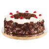 Heavenly Black Forest Cake with rich chocolate layers, juicy cherries, and fluffy whipped cream, elegantly decorated for a classic and indulgent dessert.