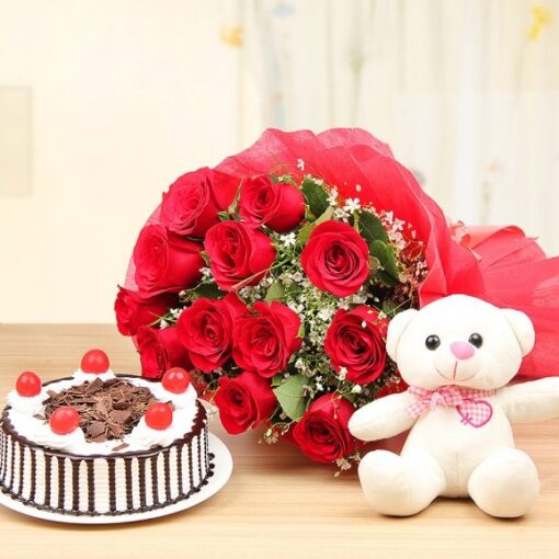 Cherished Cake with a cute teddy bear and fresh roses, ideal for adding a heartfelt and sweet touch to any special occasion.