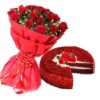 Red Velvet Cake & Red Rose Combo featuring luxurious red velvet cake paired with elegant red roses, ideal for romantic celebrations.