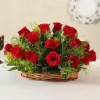 Basket filled with 15 vibrant red roses, showcasing a beautiful and romantic floral arrangement.