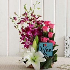 Beautiful Mixed Flowers & Maa Table Top featuring a bouquet of mixed flowers and a decorative ‘Maa’ table top piece, ideal for a thoughtful gift.