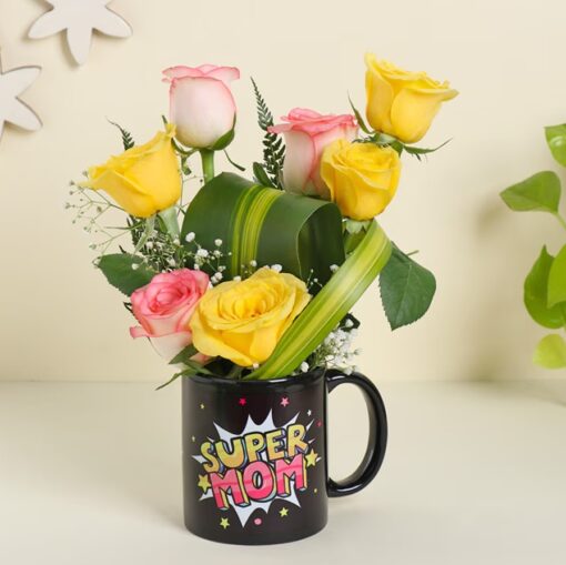 Blooming Super Mom Tribute bouquet showcasing colorful flowers arranged beautifully to honor and celebrate moms on special occasions.