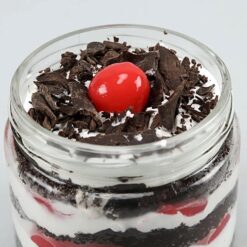 Set of 2 Black Forest cake jars with layers of chocolate cake, whipped cream, and cherries – perfect for gifting or personal indulgence.