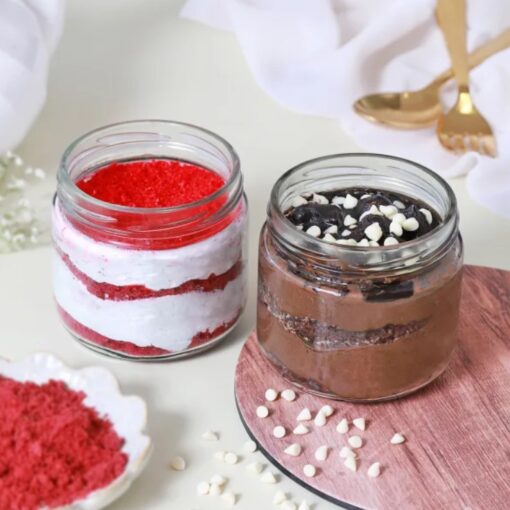 Crimson Velvet & Chocolate Duo Cake Jars featuring layers of rich crimson velvet and decadent chocolate cake in individual jars.