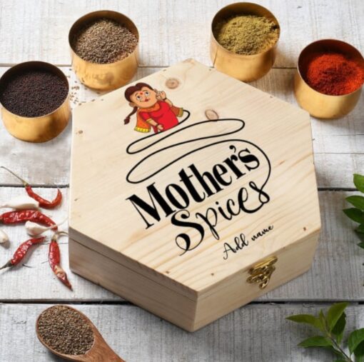 Custom Spice Treasure Box for Mom featuring personalized spice jars, a unique gift for cooking enthusiasts, perfect for Mother's Day or special celebrations.