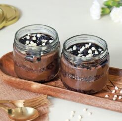 Decadent Chocolate Duo Cake Jars featuring two layers of rich chocolate cake in individual jars, ideal for a luxurious dessert.