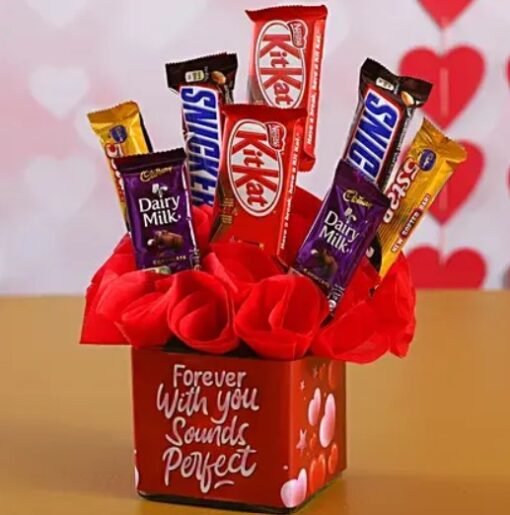 Delectable Chocolates in Forever With You Vase featuring a variety of chocolates arranged in a vase with a heartfelt message.