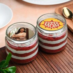 Heroic Red Velvet Photo Jar Cakes for Mom featuring rich red velvet cake layered in jars with personalized photo decorations, ideal for a special gift.