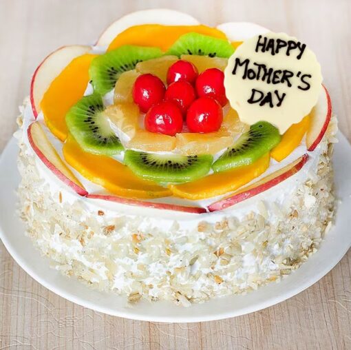 Mom's Fruity Tutty Affection Cake featuring fresh fruit flavors and a vibrant design, ideal for a colorful and affectionate Mother's Day celebration.