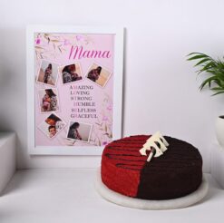 Mom's Red Velvet Fusion Cake paired with a personalized frame, ideal for celebrating Mother's Day with sweetness and love.