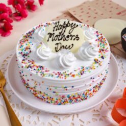 Mom's Vanilla Sprinkle Delight Cake with classic vanilla layers and vibrant sprinkles, ideal for a sweet and festive Mother's Day dessert.