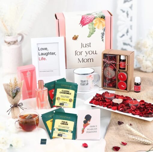 Mystery Delights For Mom gift hamper, featuring surprise treats and thoughtful items for Mother's Day.