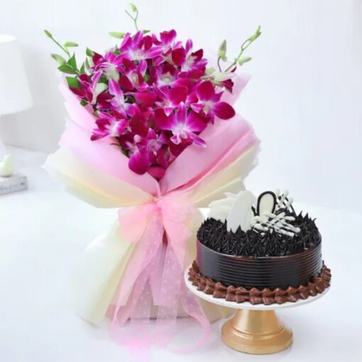 Orchid Bliss With Chocolate Cake – Elegant Orchid Arrangement Paired with a Delicious Chocolate Cake for a Perfect Gift Combination