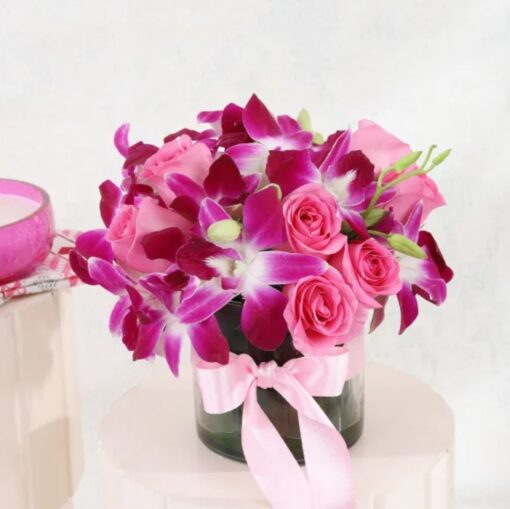 Orchid and Rose Harmony In Circular Vase – Elegant Arrangement of Orchids and Roses in a Stylish Circular Vase