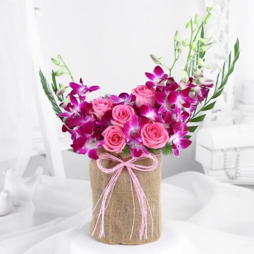 Rose and Orchid Symphony – Elegant Arrangement Combining Roses and Orchids for a Sophisticated and Beautiful Gift