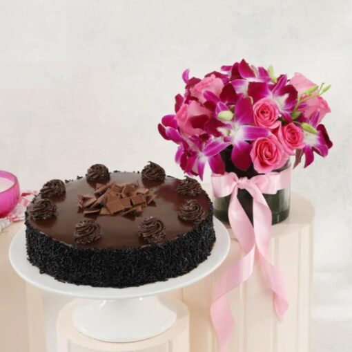 Roses And Orchids Bundle With Truffle Treat Cake – Elegant Arrangement of Roses and Orchids with a Decadent Truffle Cake