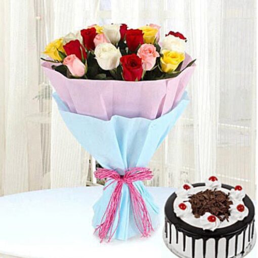 Mix Roses with Cake featuring a vibrant bouquet of mixed roses paired with a delectable cake, ideal for special celebrations.