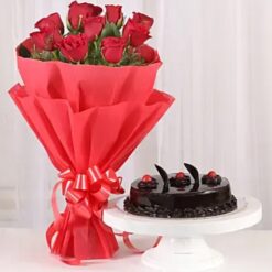 Red Roses Bouquet with Chocolate Cake featuring a stunning bouquet of red roses and a delicious chocolate cake, perfect for celebrations.