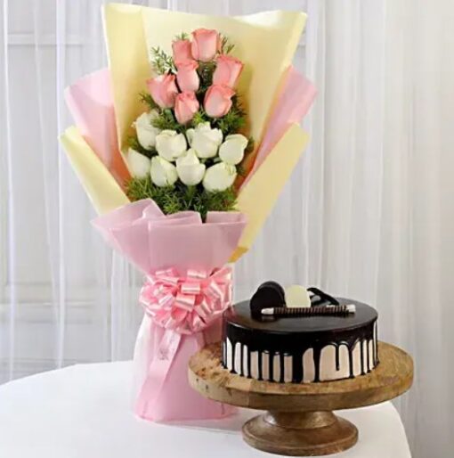 Pink & White Roses Combo with Cake, including a beautiful bouquet of pink and white roses and a delicious cake, ideal for special occasions.