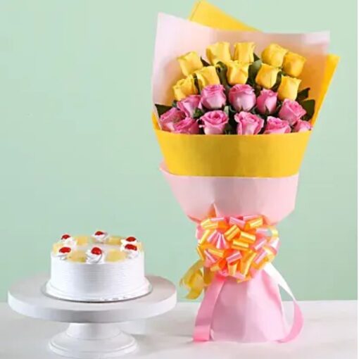 Lovely Roses Bouquet with Pineapple Cake, featuring a vibrant bouquet of fresh roses and a tasty pineapple cake, ideal for special occasions.