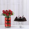 Red Roses Vase & Truffle Cake Combo with a stunning vase of red roses and a rich truffle cake, ideal for romantic celebrations and special moments.