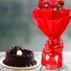 Red Rose Bouquet with a decadent chocolate cake, featuring vibrant roses and a sumptuous cake, perfect for romantic gestures and celebrations.