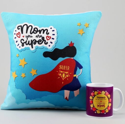 Super Mom Printed Cushion and Mug Combo featuring a cushion and mug with a 'Super Mom' design, ideal for a heartfelt gift.