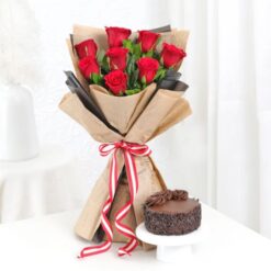 Sweet Symphony – Red Roses Bouquet & Mini Cake Combo – Elegant Red Roses Arrangement Paired with a Delightful Mini Cake