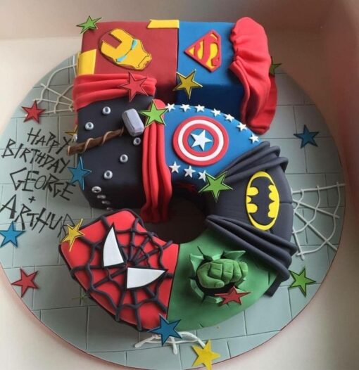 Superhero's Number Cake featuring colorful superhero designs and number decorations, ideal for a fun and themed birthday celebration.