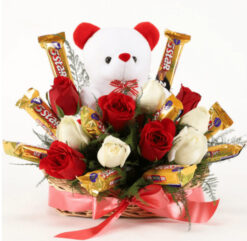 Roses and Chocolate Gift Basket featuring elegant roses and decadent chocolates, ideal for celebrating special occasions with a touch of luxury.