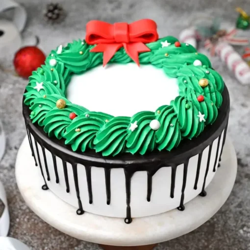 Black Forest Christmas Cake with classic flavors and festive decorations, ideal for adding a touch of holiday cheer to your celebrations.