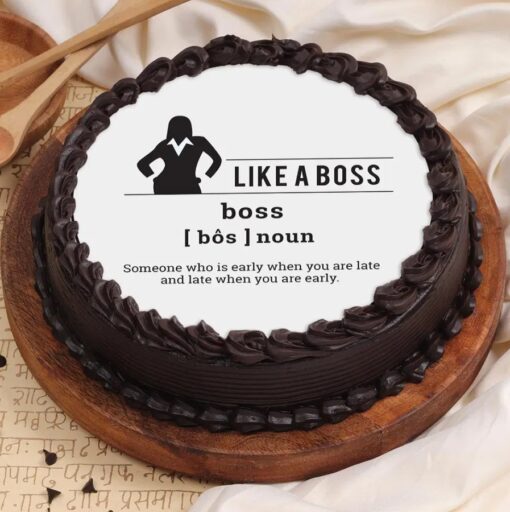 Decadent Boss Tribute Cake with rich chocolate layers and elegant frosting, designed to celebrate and honor your favorite boss on their special day.