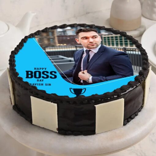 Round Boss Day Photo Cake featuring a personalized image, perfect for celebrating and honoring your boss with a sweet and memorable treat.