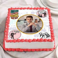 Square Boss Day Photo Cake featuring a personalized image, perfect for celebrating and honoring your boss with a delicious and memorable treat.