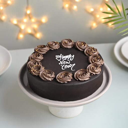 New Year Chocolate Burst Cake with rich chocolate layers and festive design, ideal for New Year’s Eve celebrations.