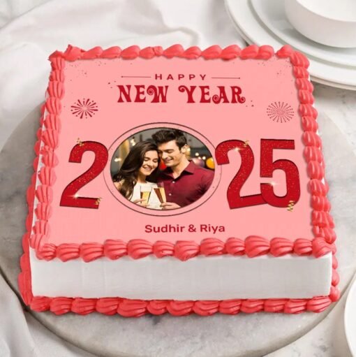 New Year Celebration Photo Cake with personalized photo and festive decorations, perfect for making your New Year celebration extra special.