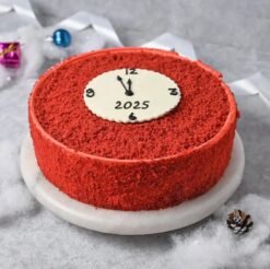 New Year Red Velvet Cake decorated with vibrant colors and festive accents, perfect for celebrating the arrival of the new year.