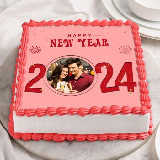 New Year Celebration Photo Cake with personalized photo and festive decorations, perfect for making your New Year celebration extra special.