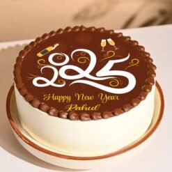 Timeless Chocolate New Year Cake with rich chocolate layers and festive decorations.