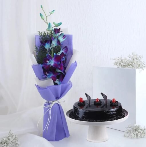 Blooming Orchids & Chocolate Symphony – a stunning arrangement of orchids paired with rich chocolate cake, ideal for indulgent and elegant occasions.