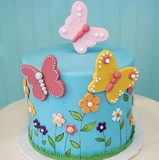 Butterfly Bliss Garden Cake featuring vibrant butterflies and colorful flowers, a whimsical design for a garden-themed celebration.