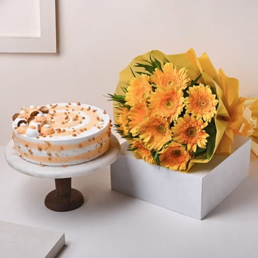 Butterscotch Elegance with Yellow Blooms – featuring rich butterscotch layers adorned with vibrant yellow flowers.