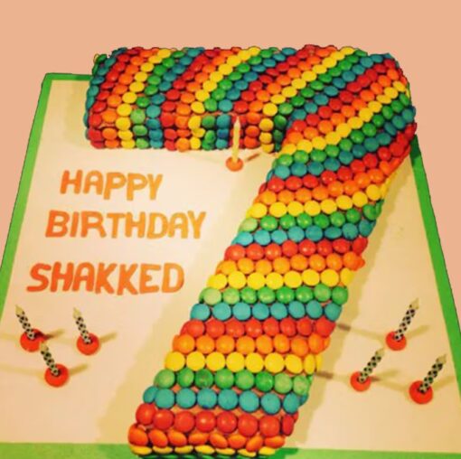 A colorful Candy Burst Number Cake, perfect for birthdays and celebrations with a candy-inspired design.