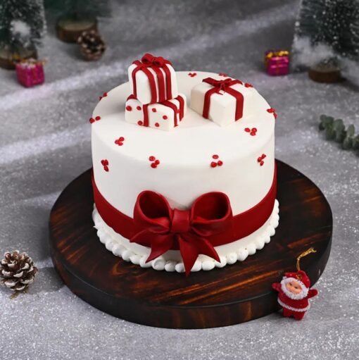 Christmas Bow Cake featuring a stunning bow design with festive holiday decorations, perfect for adding elegance to your Christmas celebrations.