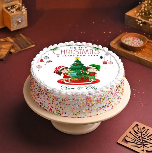 Christmas Cute Cheer Cake adorned with charming festive designs like Santa, snowflakes, and cheerful decorations, perfect for holiday cheer.